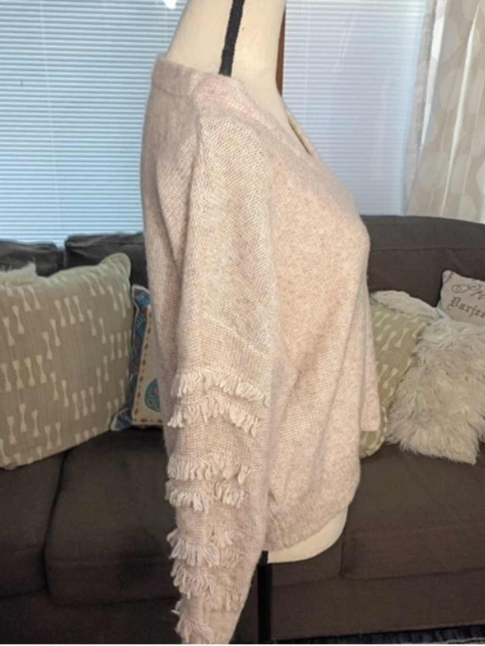 Cozy V-Neck Fringe Sleeve Sweater in Soft Blush Coquette, XL - Picture 3 of 7